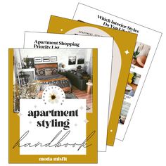 the apartment style living manual is shown in three different colors and sizes, including yellow