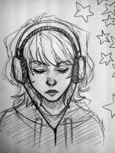 a drawing of a girl wearing headphones with stars around her neck and eyes closed