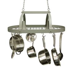 a pot rack with pots and pans hanging from it's hooks on a chain