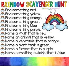 rainbow scavenger hunt for kids to use in their classroom or playrooms