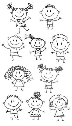 a black and white drawing of children's faces in different poses, with the words happy