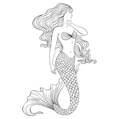 a black and white drawing of a mermaid