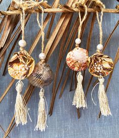 three seashells are hanging from a palm tree with beads and tassels