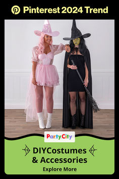 two women dressed in costumes and accessories posing for a photo with the caption party city