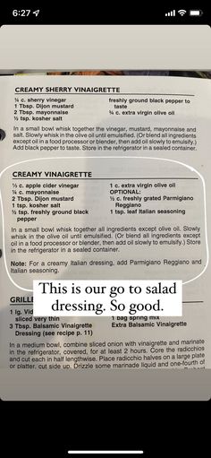 the menu for an italian restaurant is displayed on a cell phone with a caption that reads,'this is our go to salad dressing so good