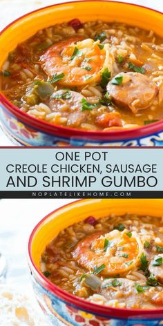 This One Pot Creole Chicken, Sausage, and Shrimp Gumbo is the best comfort food recipe that's full of flavor! It has chicken, shrimp, apple sausage, rice, and vegetables. Add this hearty soup to your warm dinner idea! Gumbo Recipe Chicken Sausage Shrimp, Shrimp And Sausage Gumbo Recipe Easy, Chicken Sausage And Shrimp Gumbo Easy Recipes, Shrimp And Sausage Soup, Shrimp Gumbo Soup, Shrimp And Chicken Gumbo Recipe, Shrimp Chicken Sausage Gumbo, Chicken Sausage Shrimp Gumbo, Gumbo Recipe Chicken And Sausage