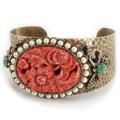 Coral Jewelry Vintage, Hammered Cuff Bracelet, Flower Cuff Bracelet, Boho Cuff Bracelet, Vintage Cuff Bracelet, Floral Cuff, Pearl Cuff Bracelet, Boho Cuff, Pearl Cuff