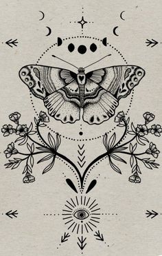 a black and white drawing of a moth on top of a plant with flowers in the middle