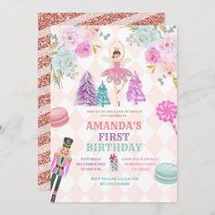 a pink and gold first birthday party card with an image of a fairy on it