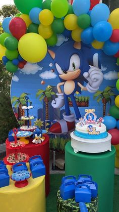 sonic the hedgehog birthday party with balloons and cake