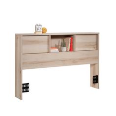 a wooden shelf with books and magazines on it's sides, against a white background