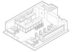 an outline drawing of a room with chairs and desks in the center, as well as a bar