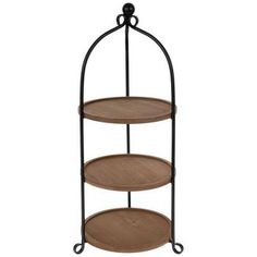 an iron and wood three tiered shelf