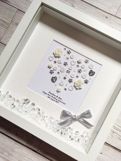 a white frame with buttons and bows in it