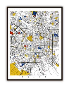 a framed map of the city of atlanta, with yellow and blue dots on it