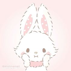 a white rabbit with pink ears and polka dots on it's face, sitting in front of a pink background