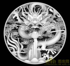 an intricately designed plate with dragon and flower designs on the front, in white