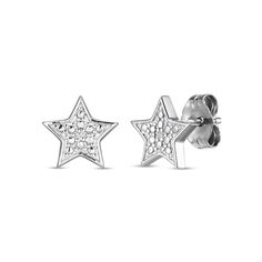 These bright diamond-accented star stud earrings are like little pieces of stardust for your ears. Sterling Silver Diamond Accent Star Studs Made in responsibly sourced, nickel-free 925 sterling silver for everyday wear. Stone: Set with conflict-free diamond accents. Height: 8 mm Width: 8 mm Sterling Silver Star-shaped Diamond Earrings, Star-shaped Diamond Earrings With Accents, Star-shaped Silver Diamond Earrings, Silver Star-shaped Diamond Earrings, Silver Star-shaped Diamond Earrings With Accents, Silver Star-shaped Diamond Earrings As Gift, Silver Star-shaped Diamond Earrings For Gift, White Gold Star-shaped Sterling Silver Diamond Earrings, Silver Diamond Earrings