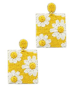 * Acrylic* Post* 2 1/2 "L Yellow Rectangular Beaded Jewelry, Trendy Yellow Beaded Dangle Earrings, Handmade Yellow Rectangular Jewelry, Handmade Yellow Rectangular Earrings, Trendy Yellow Beaded Earrings As Gift, Trendy Yellow Beaded Earrings For Gift, Trendy Yellow Beaded Earrings - Gift Idea, Handmade Yellow Beaded Earrings For Spring, Flat Earrings