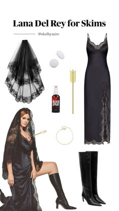 an image of a woman in black dress and accessories for her wedding day with text that reads lana del ray for skins