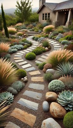 a stone path surrounded by plants and rocks