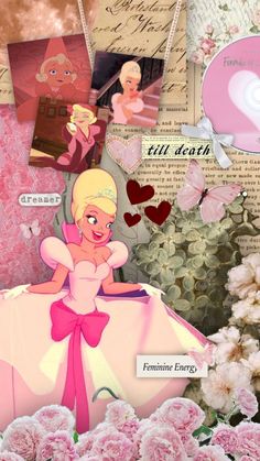 a collage of pink flowers and pictures with hearts on the top, along with an image of tinkerbell