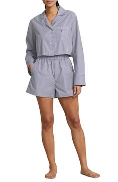 Supersoft cotton poplin mixes with the boxy fit on this pair of short PJs you'll want to spend the entire weekend in. Top has notched collar; long sleeves with button cuffs 100% cotton Machine wash, tumble dry Imported Cotton Sleepwear With Built-in Shorts, Relaxed Fit Sleepwear With Built-in Shorts, Relaxed Cotton Pajama Shorts With Elastic Waistband, Cotton Sleepwear With Elastic Waistband Shorts, Relaxed Fit Shorts For Pajama Party, Cotton Pajama Shorts With Pockets For Pajama Party, Cotton Shorts For Pajama Party, Cotton Shorts With Elastic Waistband For Pajama Party, Cotton Short Sleepwear With Pockets