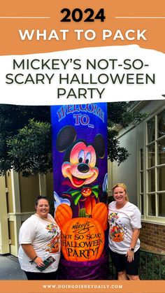 two girls posing next to the MNSSHP trick-or-treat blow-up sign with Mickey Mouse smiling in the middle with the words "2024 what to pack for Mickey's not-so-scary Halloween party" written on the top in orange, black, and white What To Pack For Disney, Pack For Disney World, Halloween At Disney, Easy Halloween Outfit, Disney World Halloween, Disney World Packing, Mickey Halloween Party, Not So Scary Halloween Party, Halloween Entertaining