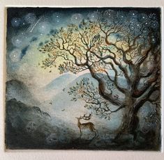 a painting on the wall of a house with a tree and deer in front of it