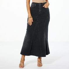 C Wonder by Christian Siriano Denim Paneled Maxi Skirt Curve-hugging fit, versatile wash, and flirty paneled mermaid shape? Check, check annnd check. This denim maxi skirt from C Wonder by Christian Siriano deserves prime real estate in your closet. Crafted from a soft, cotton-rich denim knit fabric, it has the perfect blend of comfort and structure, giving in all the right places, but never losing shape. Timeless with tall boots or unexpected with satin ballet flats, this style will turn heads with every wear. Trendy Fitted Flare Denim Skirt, Fitted Full-length Denim Skirt With Frayed Hem, Fitted Full-length Dark Wash Skirt, Satin Ballet Flats, Denim Maxi, Denim Maxi Skirt, Christian Siriano, Chiffon Skirt, Runway Collection