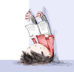 a drawing of a person upside down with books in their hands