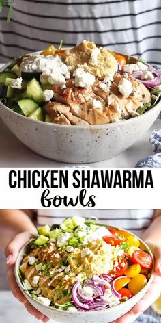 chicken shawarma bowls with cucumbers, tomatoes, onions and feta cheese