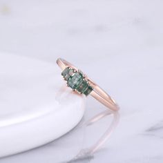 Unique Baguette Cut Moss Agate Wedding Band Art Deco Rose Gold | Etsy Engagement Ring Gold Simple, Moss Agate Wedding Ring, Green Wedding Rings, Green Engagement Rings, Pearl Wedding Bands, Agate Wedding Ring, Agate Wedding, Art Deco Wedding Rings, Agate Engagement Ring