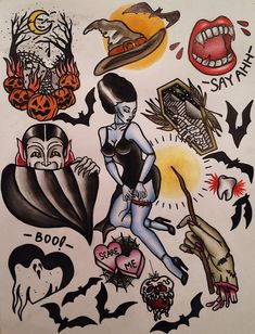 an old school halloween tattoo design on a white sheet with lots of different designs and colors