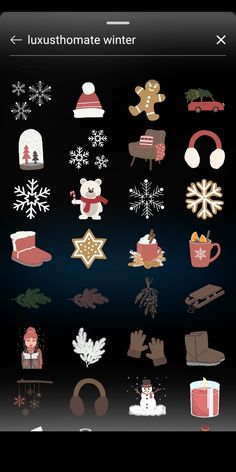 an iphone screen with various stickers on it, including snowflakes and christmas decorations