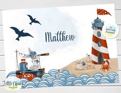 a card with an image of a lighthouse and some animals