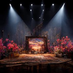 an empty stage with flowers and lights