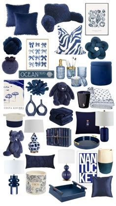 a collage of blue and white items including pillows, blankets, lamps, vases