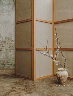 a vase with some flowers in it next to an empty wall