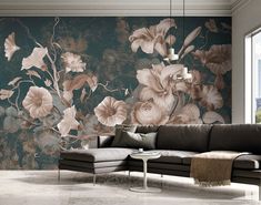 a living room with floral wallpaper and couch