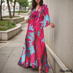 Olivia Mark - Printed Maxi Dress with Ribbon Detailing Belted Maxi Dress, A Line Maxi Dress, Princess Sleeves, Tie Maxi Dress, Cloth Belt, Maxi Dress Pattern, Belt Design, Printed Ribbon, Floral Print Maxi Dress