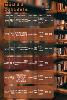 the class schedule is displayed in front of bookshelves