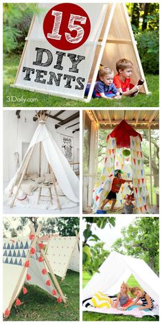 a collage of photos showing different tents with the words diy tents written on them