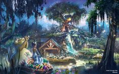 an image of disney's princess and the frog in the forest with her friends