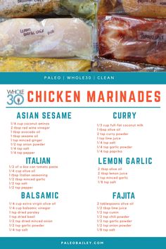 the ingredients for chicken marinades are shown in blue and white, with text on top