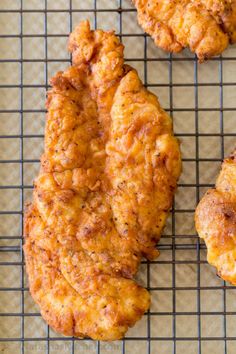 three fried food items on a cooling rack