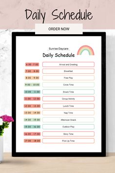 the daily schedule is displayed on a clipboard next to a vase with flowers in it