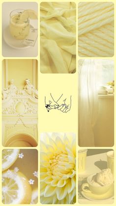 a collage of yellow and white pictures with flowers, candles, napkins and other items