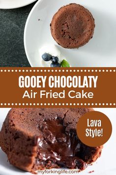 gooey chocolatey air fried cake on a white plate with the words gooey chocolatey air fried cake above it