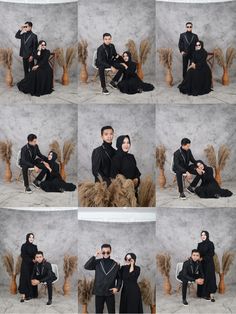 a couple posing for pictures in their black outfits